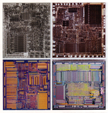 L to R top: Intel 8080, Intel 8086; L to R bottom: Intel 386, AMD 386